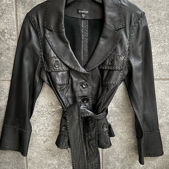 RARE Bebe Women's Genuine Leather Jacket Blazer Button Front Jacket with belt - Picture 9 of 17
